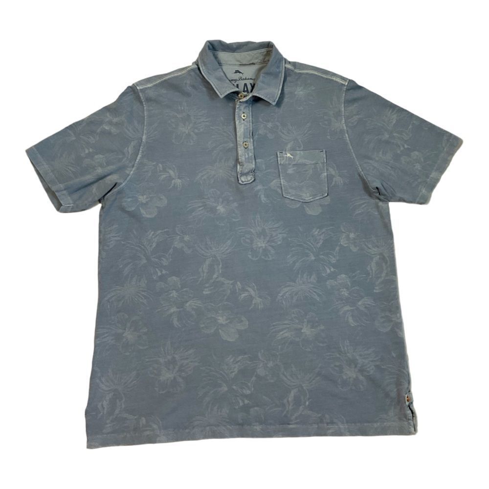 Tommy Bahama Men’s Blue Hawaiian Flower Polo  T -Shirt 100% Cotton Size Large